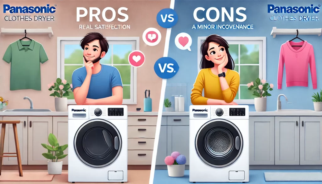 A split-screen image showing real users of a Panasonic clothes dryer: one side shows a happy user expressing satisfaction, while the other shows a user thoughtfully considering a minor inconvenience. The setting should be home environments. No text, just visual storytelling of pros and cons.