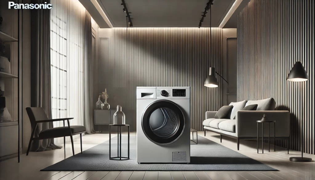 A modern showroom or home scene displaying the latest model of a Panasonic clothes dryer, with a subtle focus on its sleek design and features. The scene should suggest a premium and advanced product. No text should be included.
