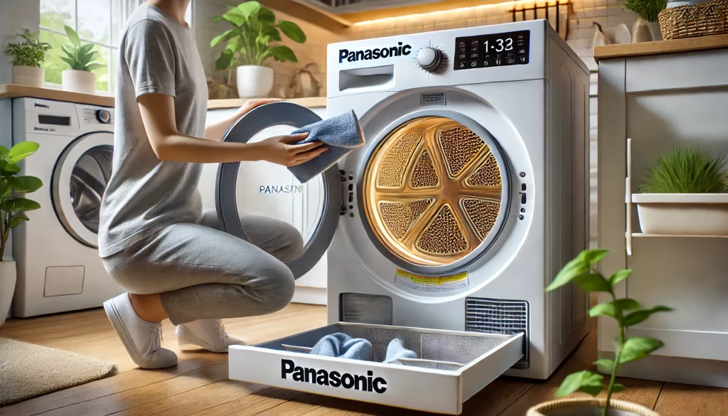 A clean and detailed scene of a person performing maintenance on a Panasonic clothes dryer, such as cleaning the lint filter or inspecting the vent. The environment should be a bright home laundry room. Emphasize care and long-term use. No text should be included.