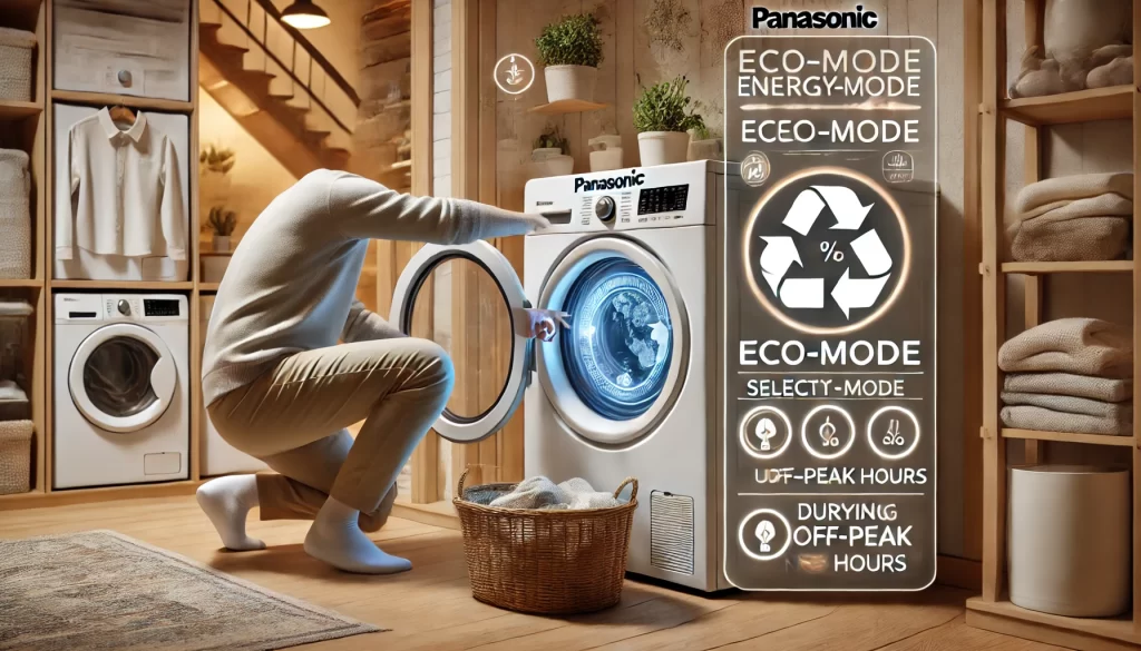 An image showing a person using a Panasonic clothes dryer in an energy-efficient way, such as selecting eco-mode or drying during off-peak hours. The setting is a cozy, lived-in laundry space. The image should illustrate practical energy-saving techniques. No text should be included.